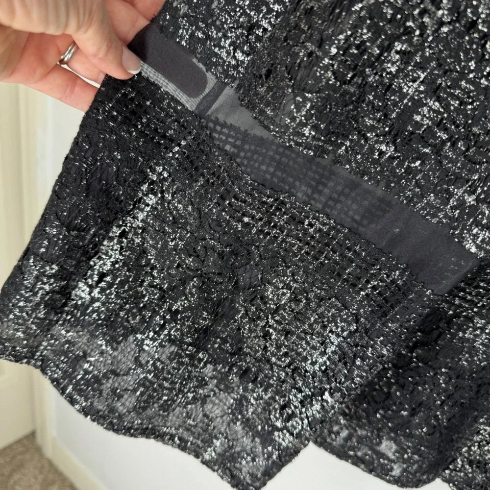 Rebecca Taylor Metallic Lace Silk Stripe‎ Midi Skirt Black Silver 12 Party Glam